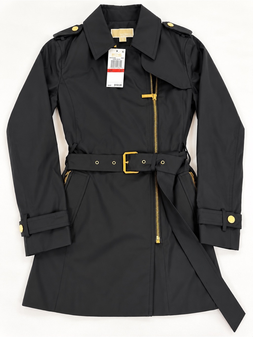 Michael Kors Black Trench Coat with Gold Hardware, NWT size xs